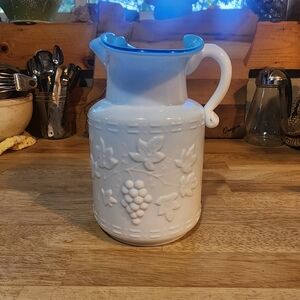 Vintage Kanawha Milk Glass w/Blue Satin Casing Grape & Leaf Pattern Pitcher